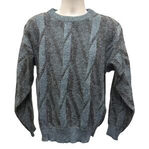 VTG Peter England Crewneck Sweater Mens Large Black Blue 3D Grandpa Geometric